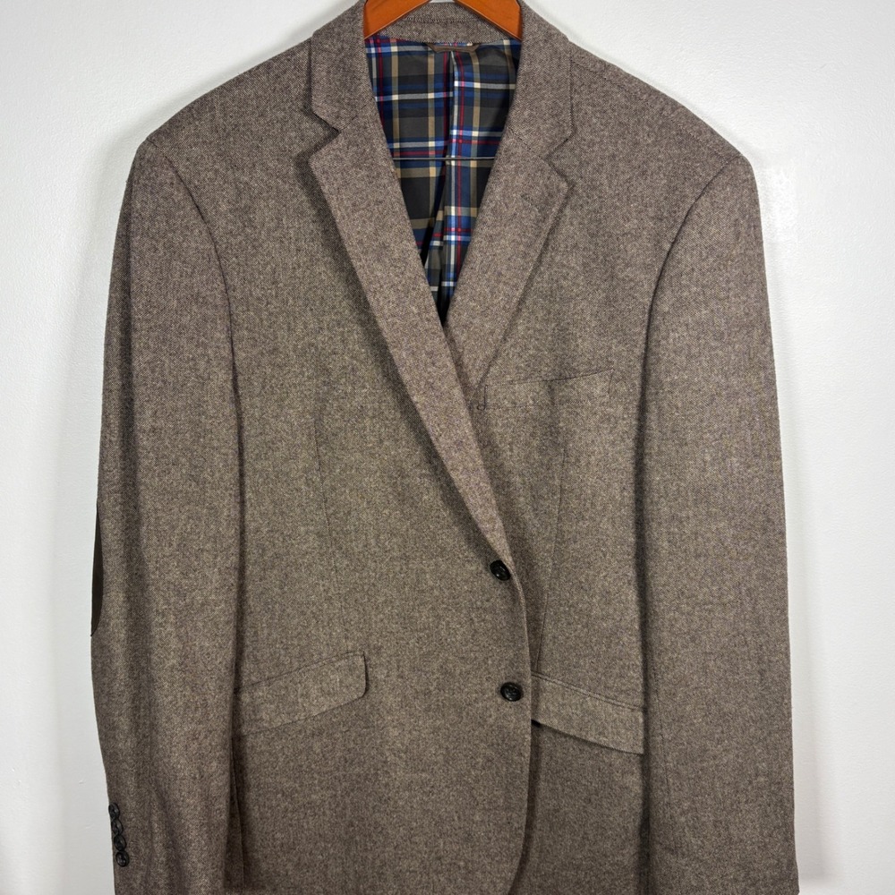 US Polo Assn Mens Brown Wool Blend Blazer Elbow Patches Plaid Lining 48L